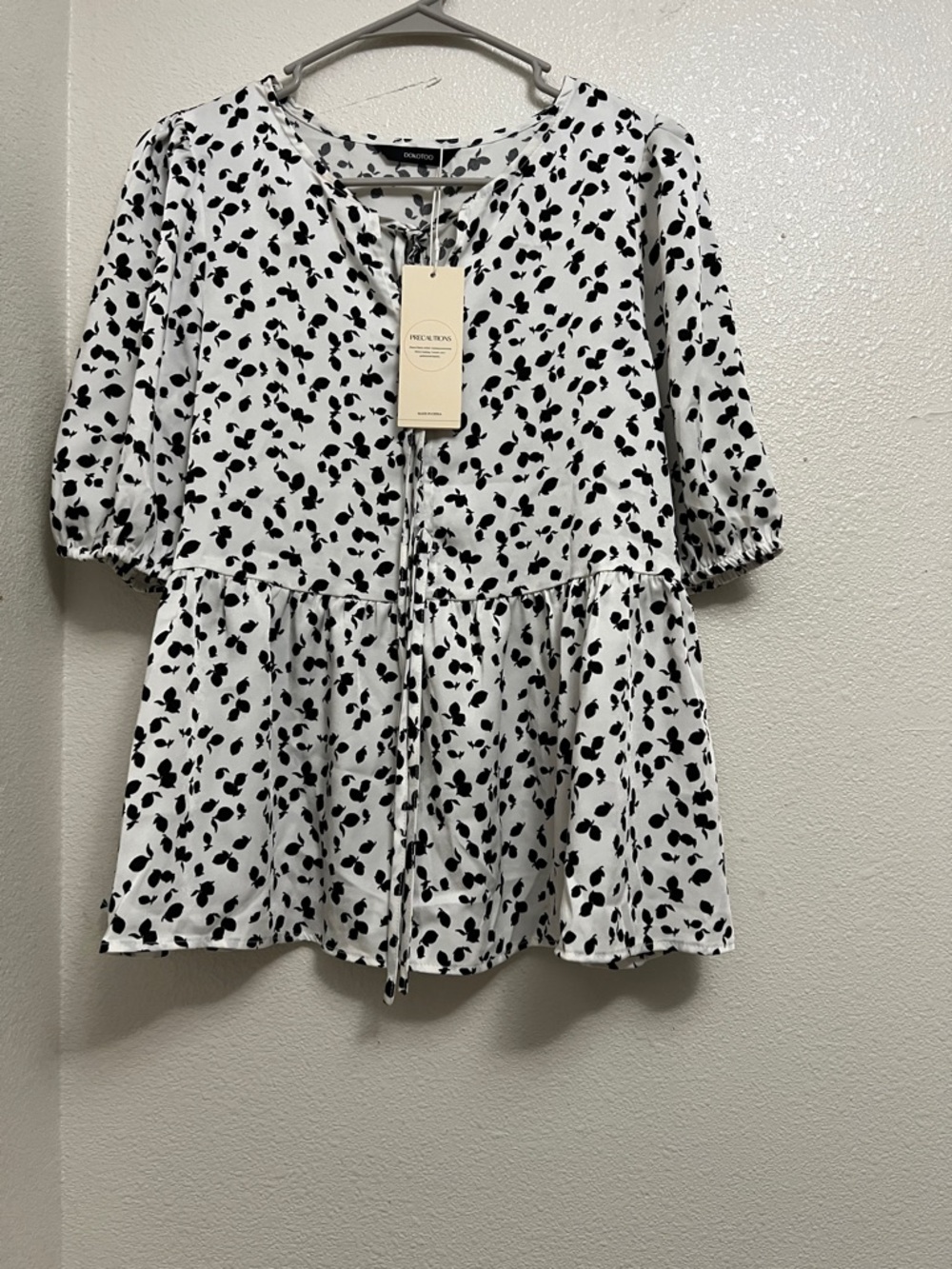Precious Moments Black & White Printed Peplum Blouse
